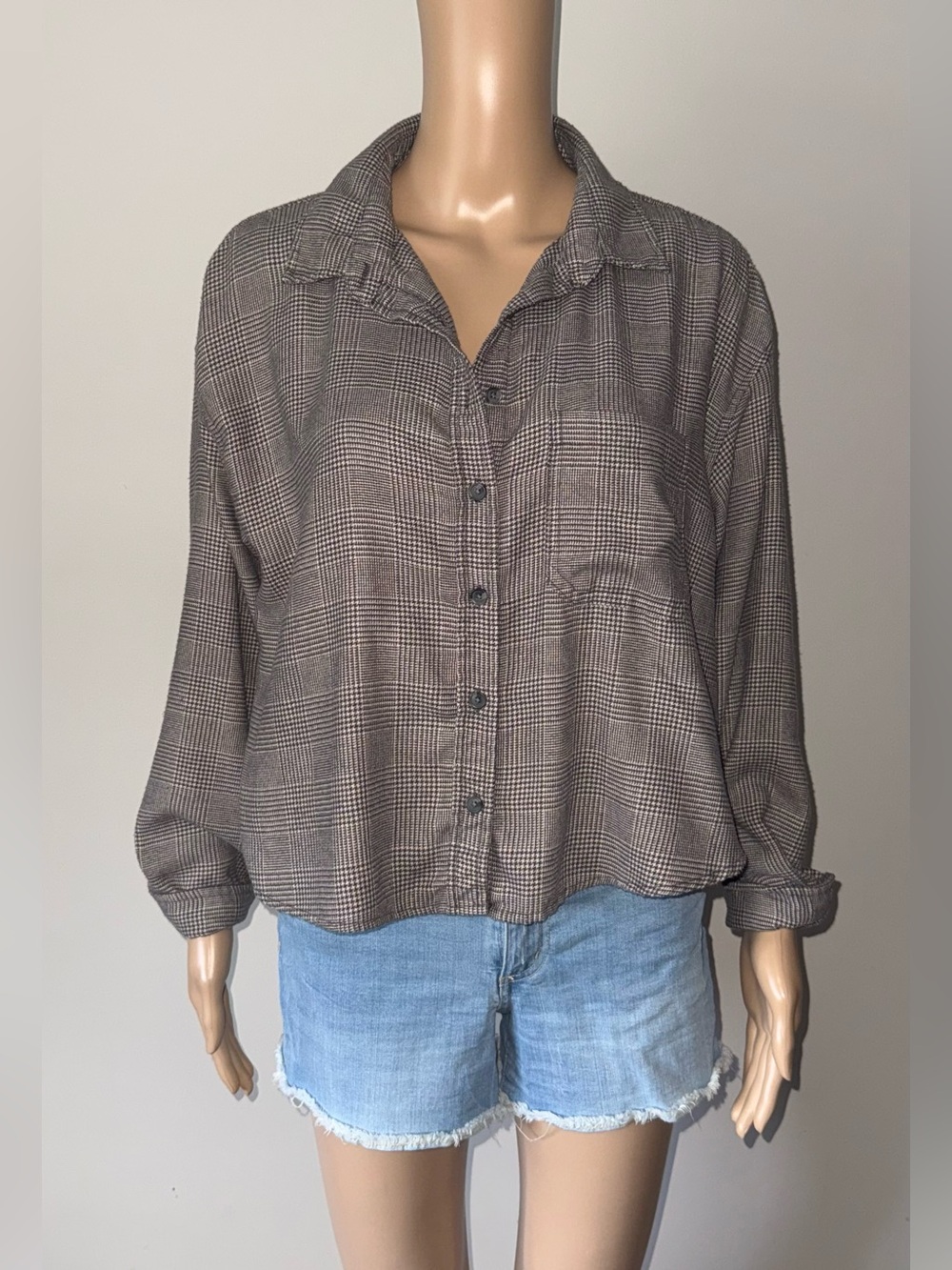 American Eagle Outfitters Oversized Plaid Button-Down Shirt - Brown/Gray